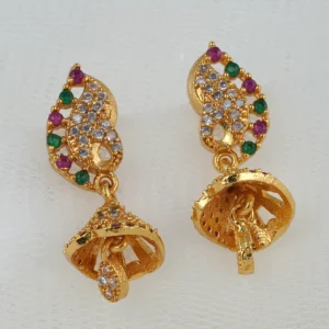 Aamis-bell shaped gold plated ear drops with multy colour toned stone decoration Edwmcs0027